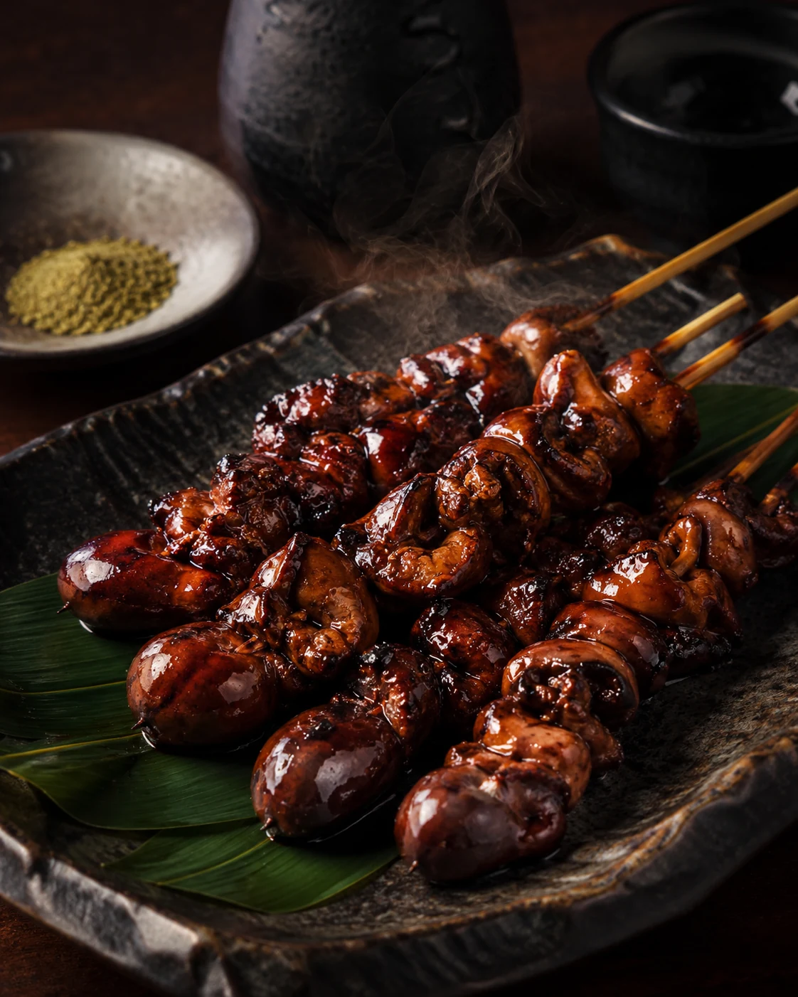 黒い陶器皿に盛られた艶やかな鰻の肝焼き串。山椒を添えた高級感のある一皿